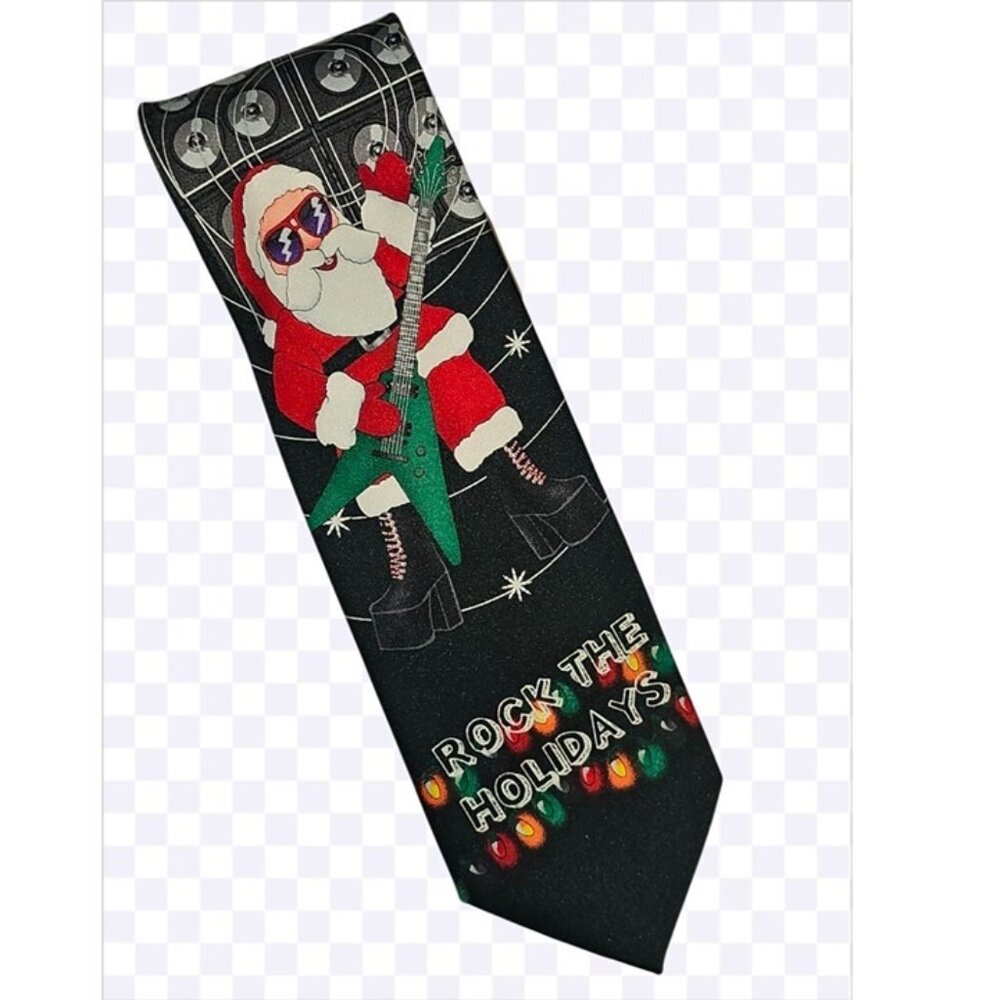 Rock the Holidays Santa Christmas Tie Santa Playing Guitar Novelty Necktie - Picture 1 of 4